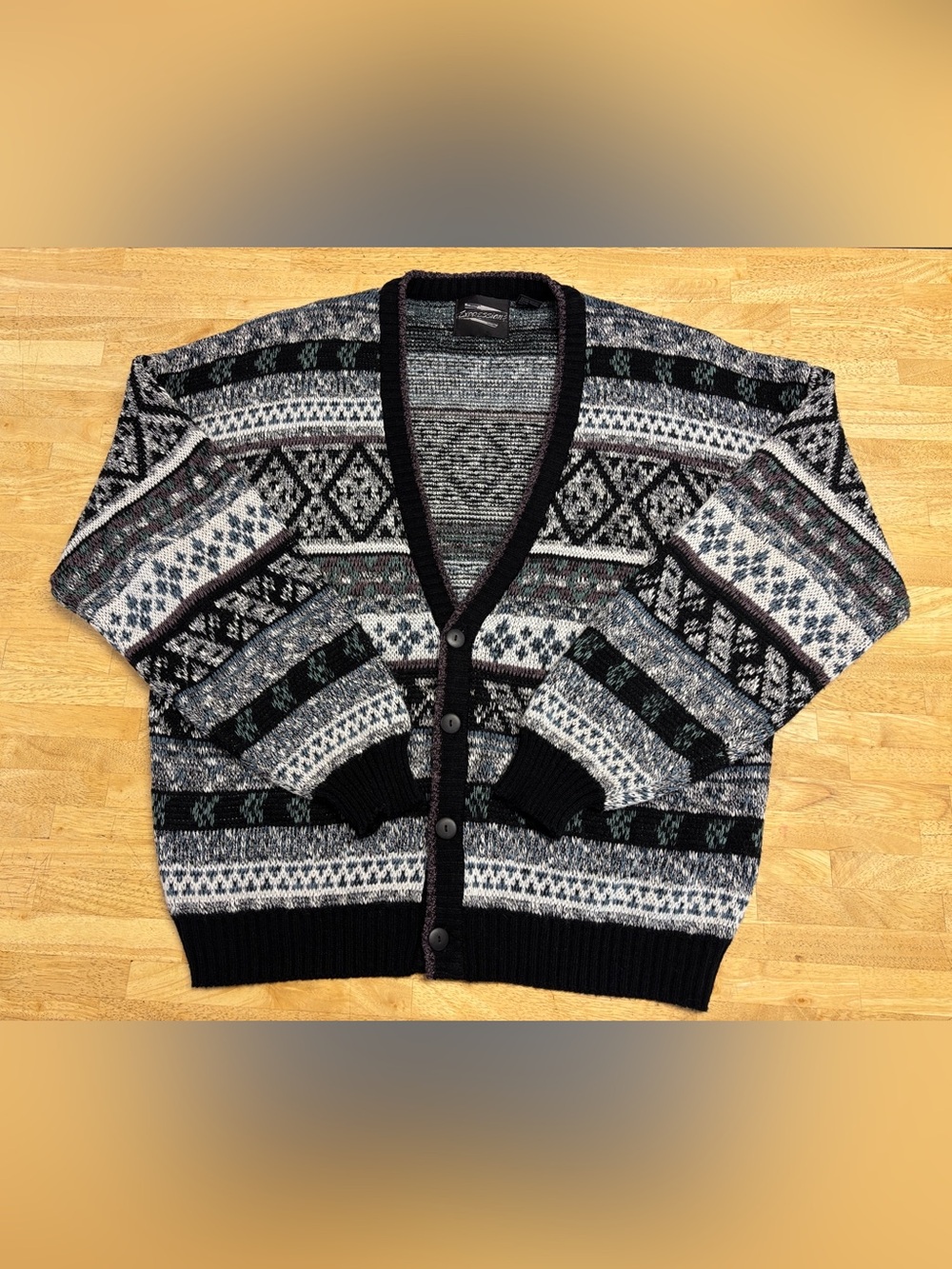 Vintage Expressions Geometric Mixed Knit Grandpa Cardigan Sweater L Korea